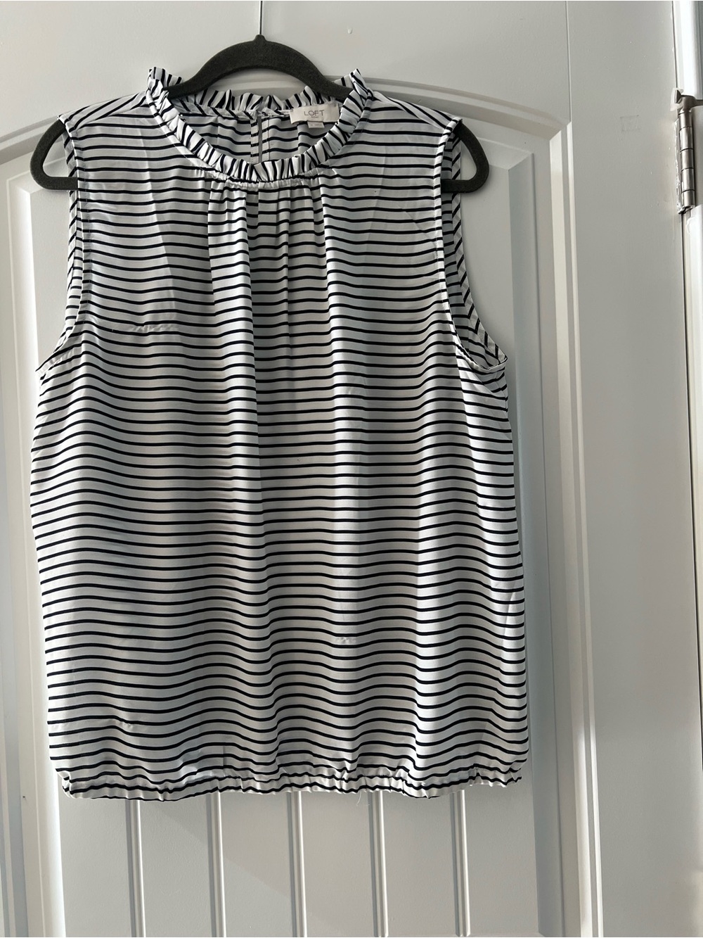 LOFT Black & White Striped Ruffle Neck Sleeveless Top